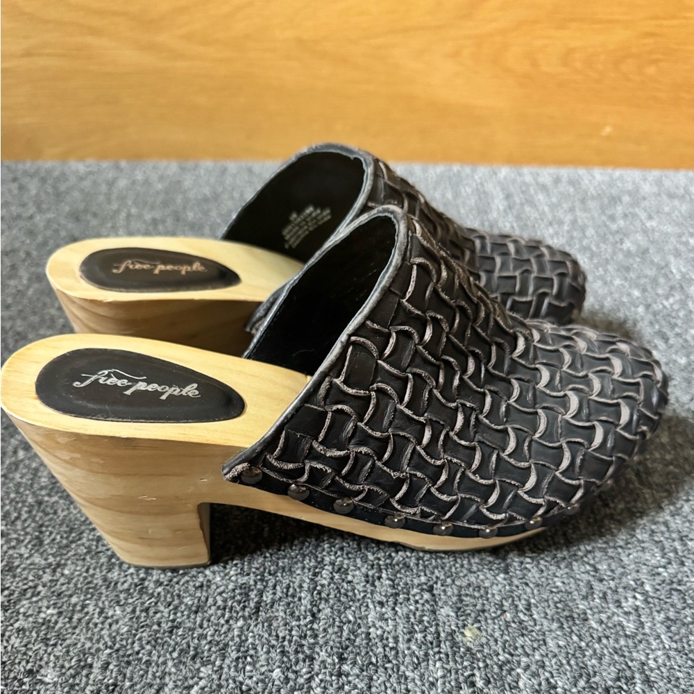 Free People Black Woven Leather Mules